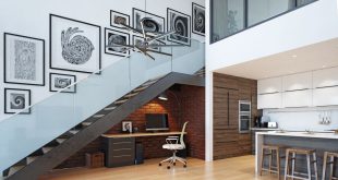 Unter einer Treppe ist sehr elegant ein Arbeitsplatz integriert - Ideale plätze um ein kleines Home Office einzurichten gibt es viele