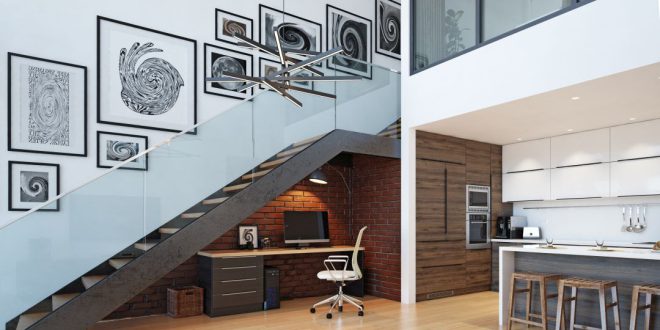 Unter einer Treppe ist sehr elegant ein Arbeitsplatz integriert - Ideale plätze um ein kleines Home Office einzurichten gibt es viele