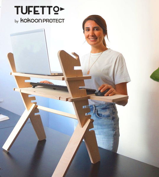 MEDI SitzSteh Workstation – ergonomischer Schreibtischaufsatz aus Birkenholz, höhenverstellbar