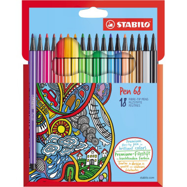 STABILO Pen 68 Fasermaler – 18 Farben sortiert – 1 mm Spitze