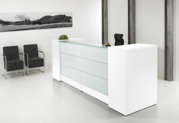 Milchglas Thekenanlage mit zwei Container Breite 288 cm weiss