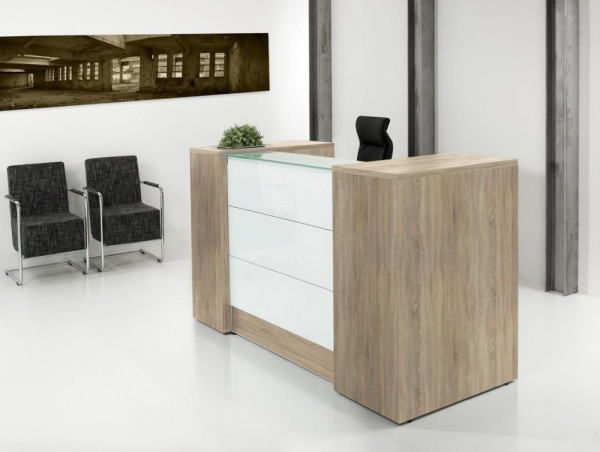 Milchglas Thekenanlage mit zwei Container Breite 288 cm weiss Halifax Eiche Robson