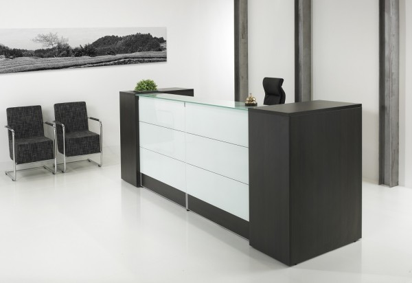 Milchglas Thekenanlage mit zwei Container Breite 288 cm dunkle Eiche